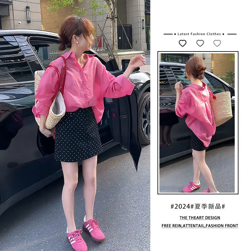 夏装搭配一整套时尚慵懒风玫红色衬衫女高腰A字波点半身裙两件套