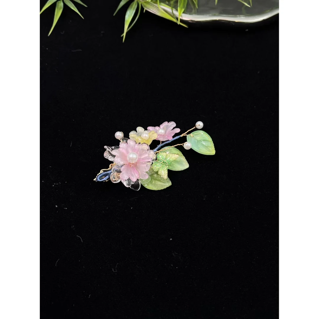 云鬓花古风饰品古装发饰仙气飘飘琉璃发夹 粉黄蝶踪 汉服发冠B535