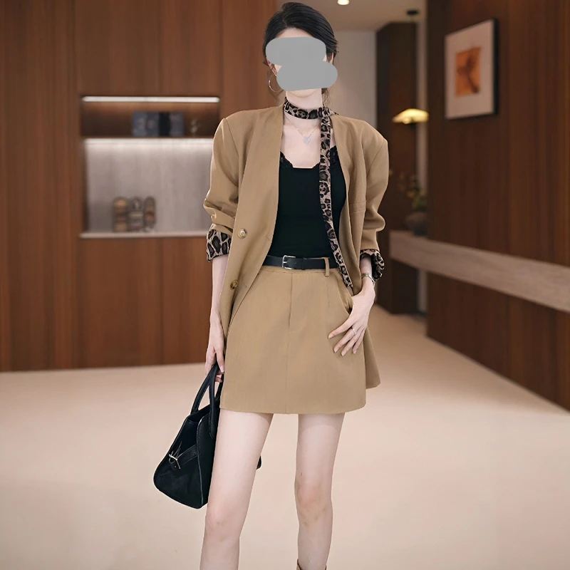 2025春秋新款高级感气质拼接豹纹袖口西装外套高腰半身裙两件套女