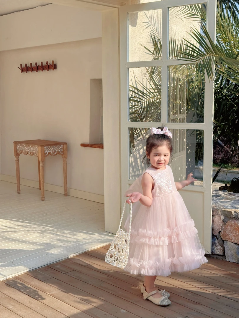 H252066 女宝2025夏季新款洋气甜美网纱蝴蝶结公主连衣裙