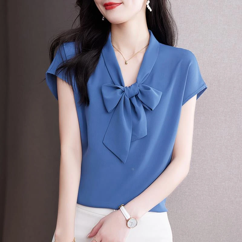 v领蝴蝶结系带短袖雪纺衫女夏季宽松显瘦上衣气质洋气别致小衫夏
