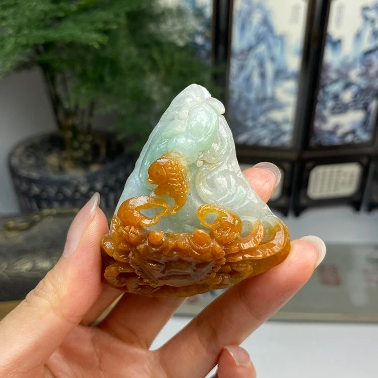 毛货  俏色红翡红加绿螃蟹挂件手把件 天然翡翠A货