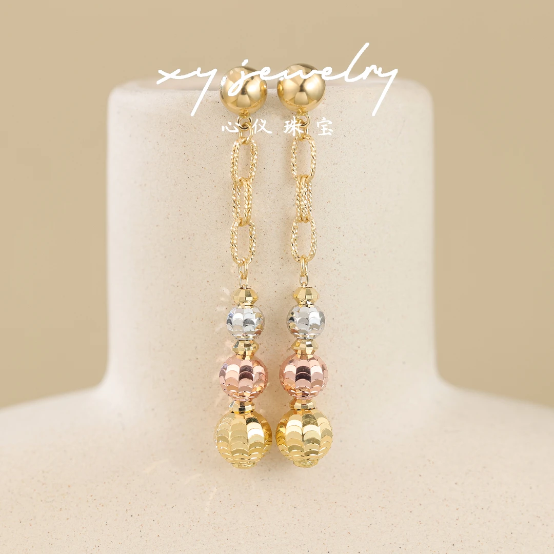 【心仪珠宝】18k金意大利三色珠流苏耳钉/长度4cm/R042/多退少补