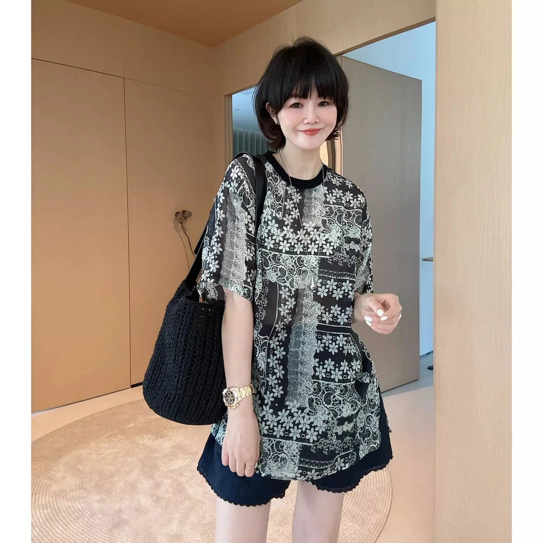 天丝麻印花夏季小众设计宽松波西米亚减龄宽松遮肉气质短袖T恤