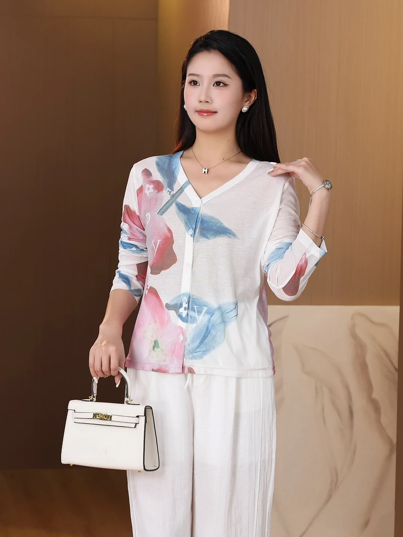 夏季新款2025设计感气质印花开衫女花色长袖轻薄