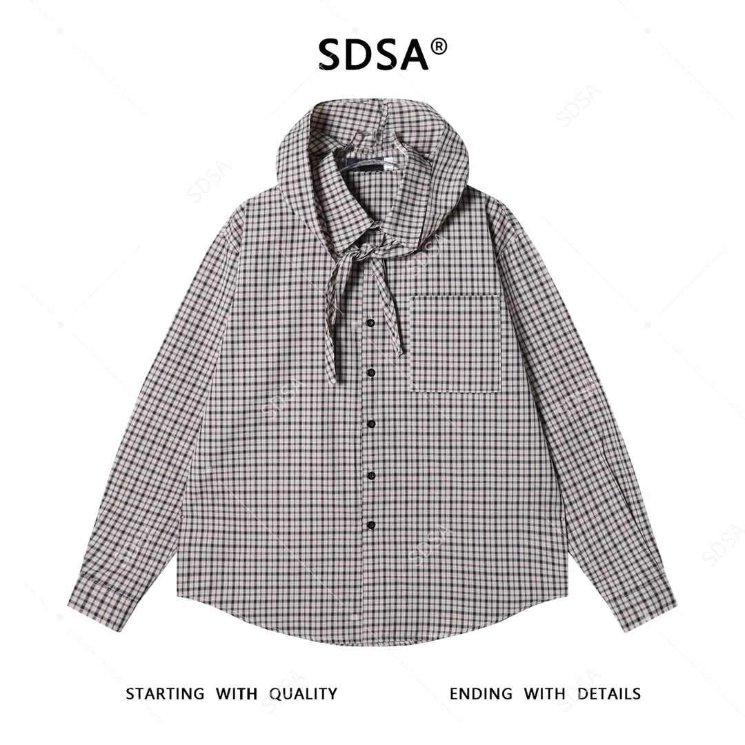 SDSA秋冬新款痞帅男装美式复古格子披肩连帽衬衫高级百搭开衫衬衣