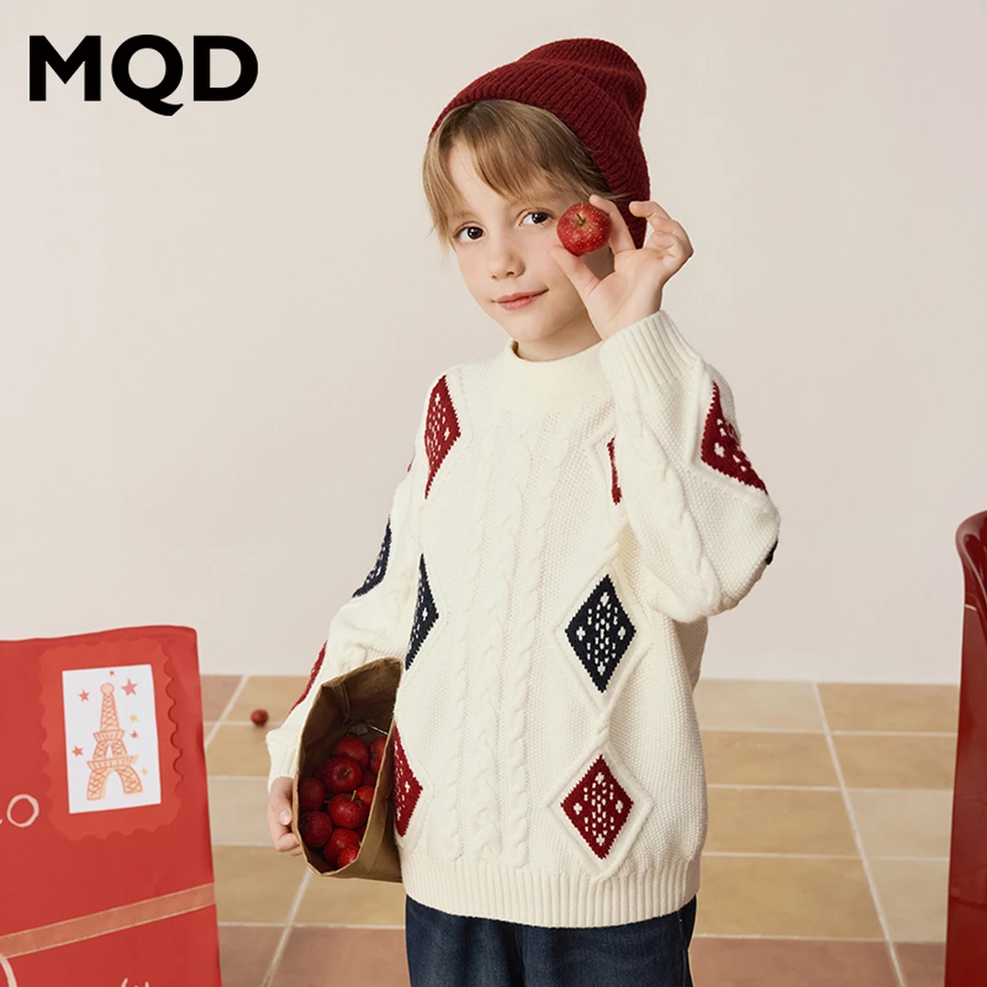 MQD童装儿童冬季经典学院风菱格中大童半高领毛衣9644W07E8