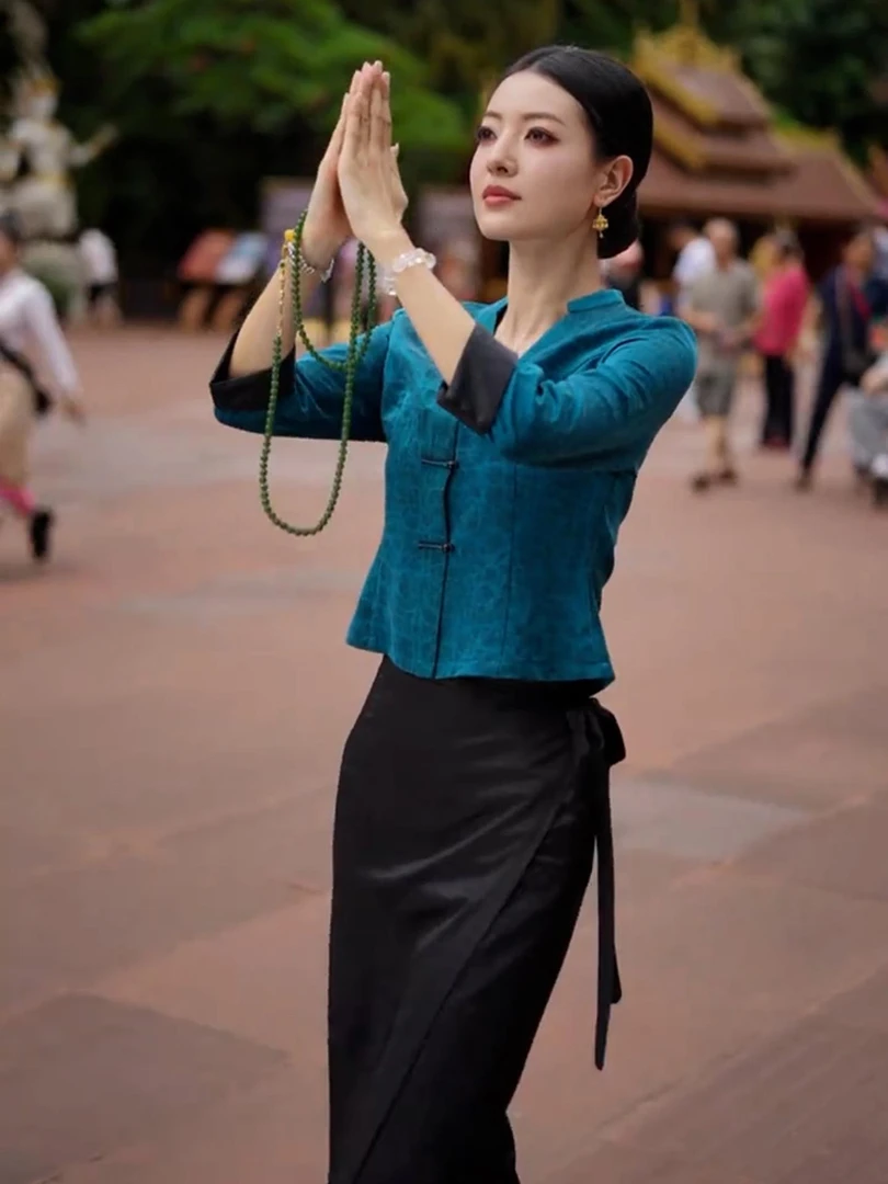 秋季新款新中式国风女装气质小香风蓝色盘扣衬衫黑色半身裙套装女