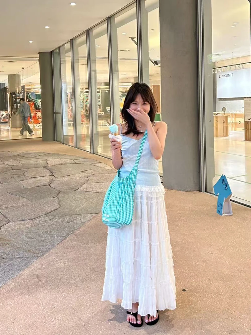 2025款法式木耳边拼接白色蛋糕裙高腰显瘦百搭气质款夏季褶皱百褶