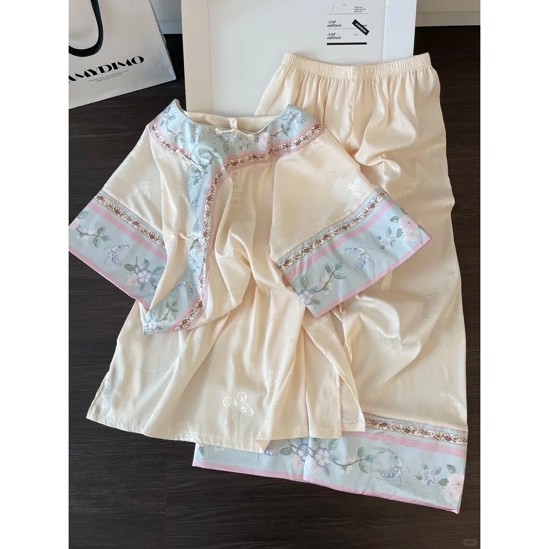 宫廷古风复古中式花边短袖睡衣女夏季新款长裤套装高级感家居服夏
