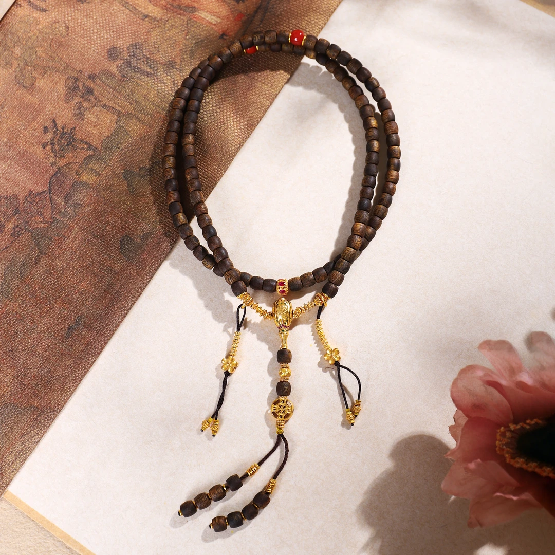 沉香六字提溜鼓珠108项链多样性发一 XY3000037