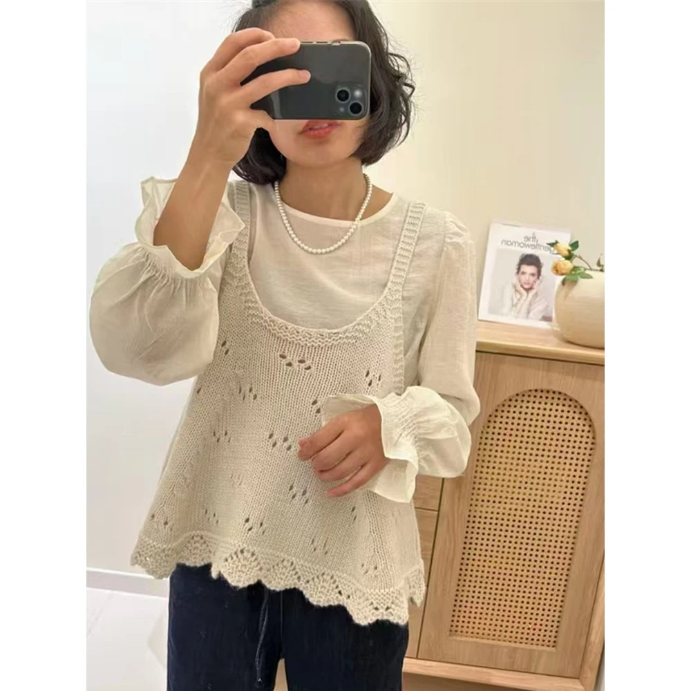 两件套吊带背心设计感波浪边宽松叠穿蕾丝衫打底衫马甲小坎肩秋