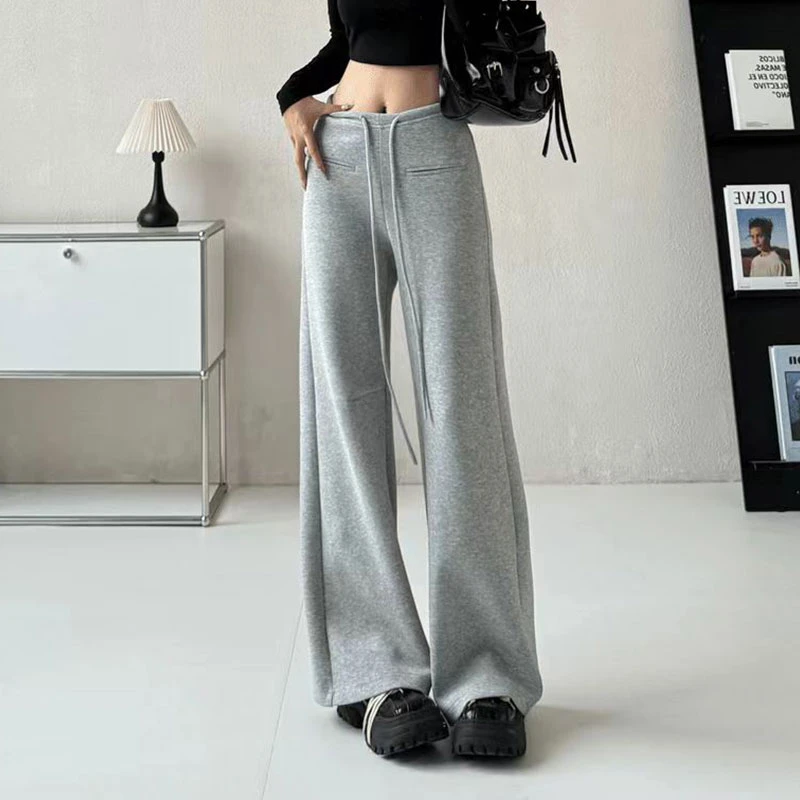 秋冬宽松加绒卫裤女百搭抽绳针织阔腿裤中腰简约纯色休闲运动长裤