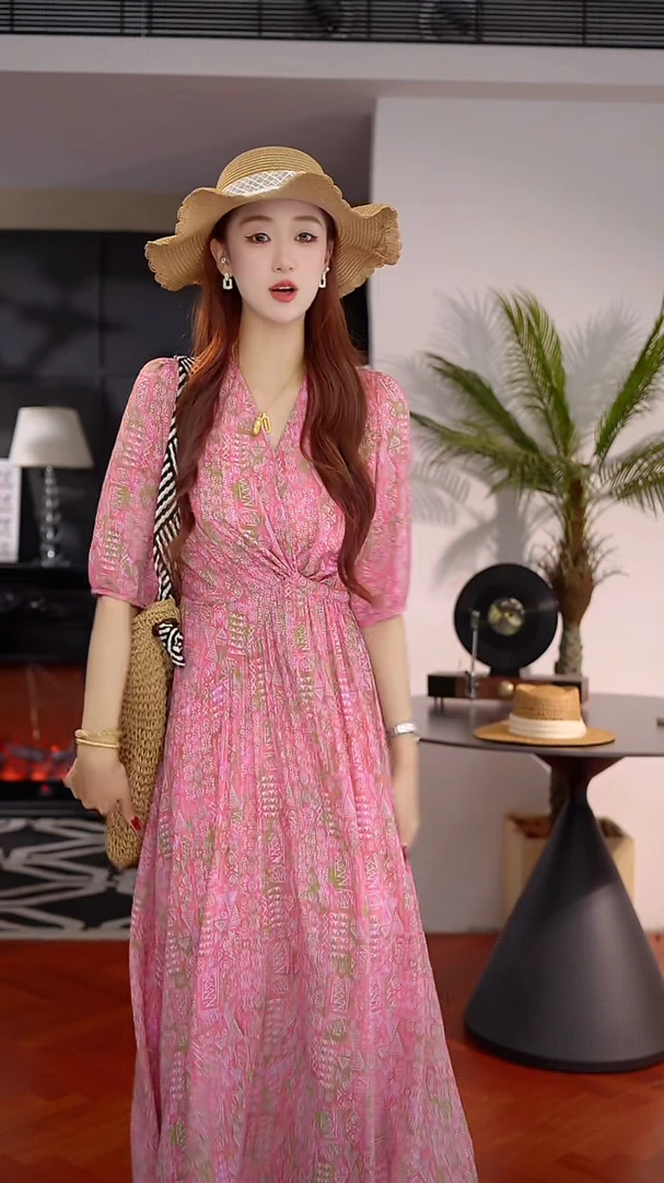 XF-2025气质v领腰间纽结设计收腰连衣裙