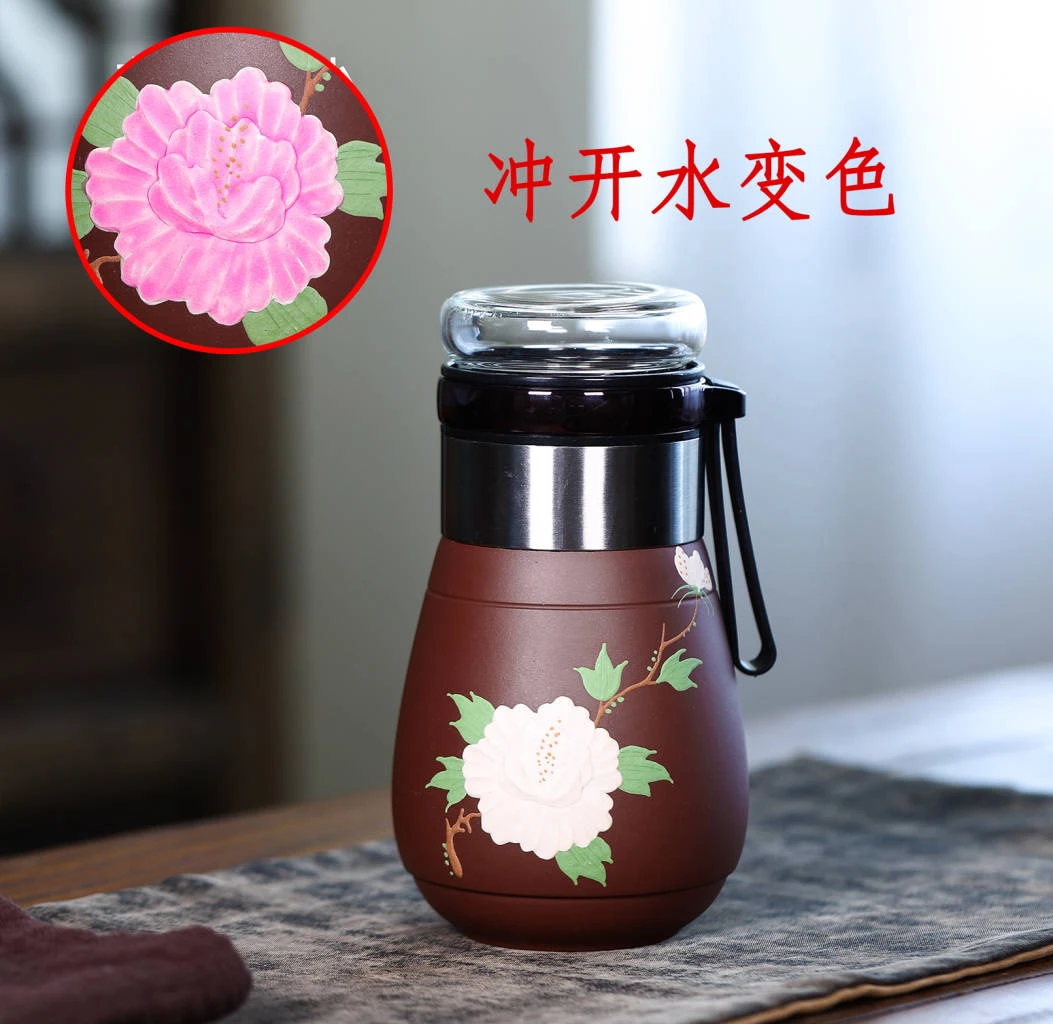 宜兴紫砂 龙血砂泥绘牡丹双色便携旅行杯{赠杯套}