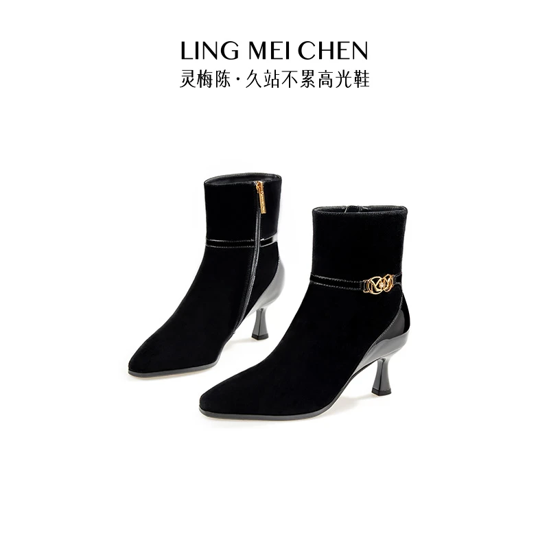 【双M扣】羊绒黑色秋冬气质时尚摩登英伦女士通勤显瘦灵梅陈尖头靴