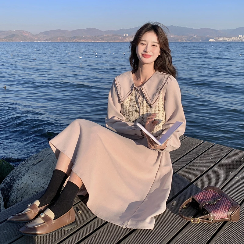 流行爆款长袖粉色刺绣衬衫裙套装女春季新款复古马甲连衣裙两件套