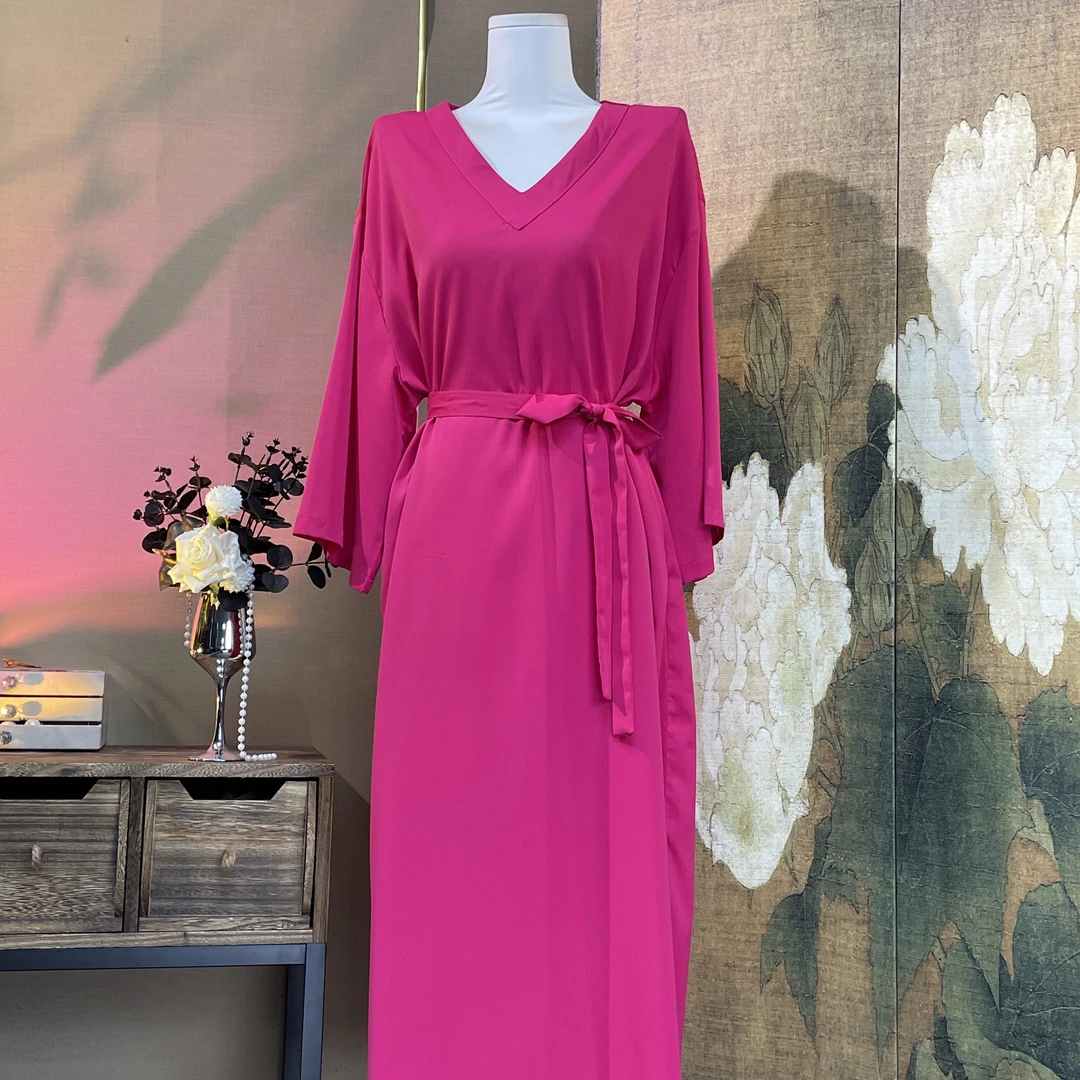 【44】简约宽松气质V领设计洋气火龙果色连衣裙