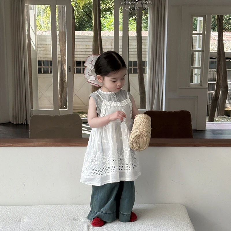 女童2025夏季新款花边领小背心碎花吊带连衣裙百搭阔腿裤三件套潮