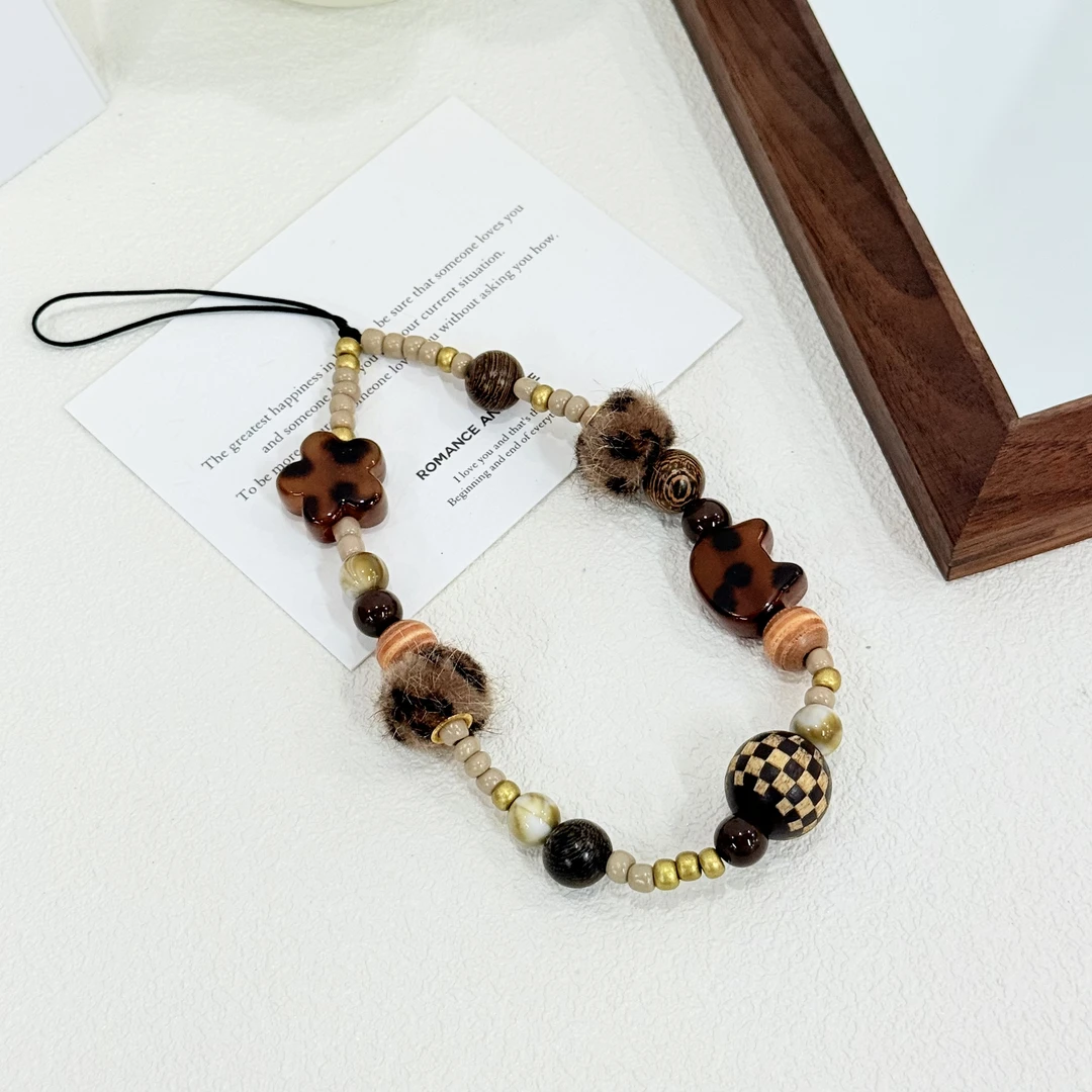 非金属木质项链 XL-620秋冬棕色复古豹纹短款手机挂绳