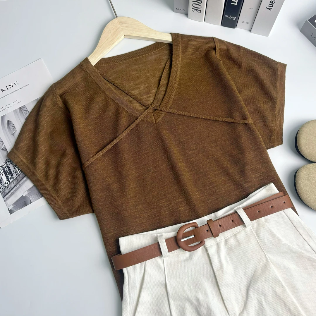 玲姐定制-小众设计感交叉宽松休闲薄款微透针织短袖119320