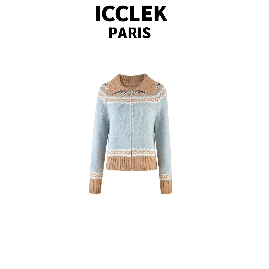 ICCLEK 蓝色翻领撞色长袖针织衫 气质 轻奢 名媛 -5063-