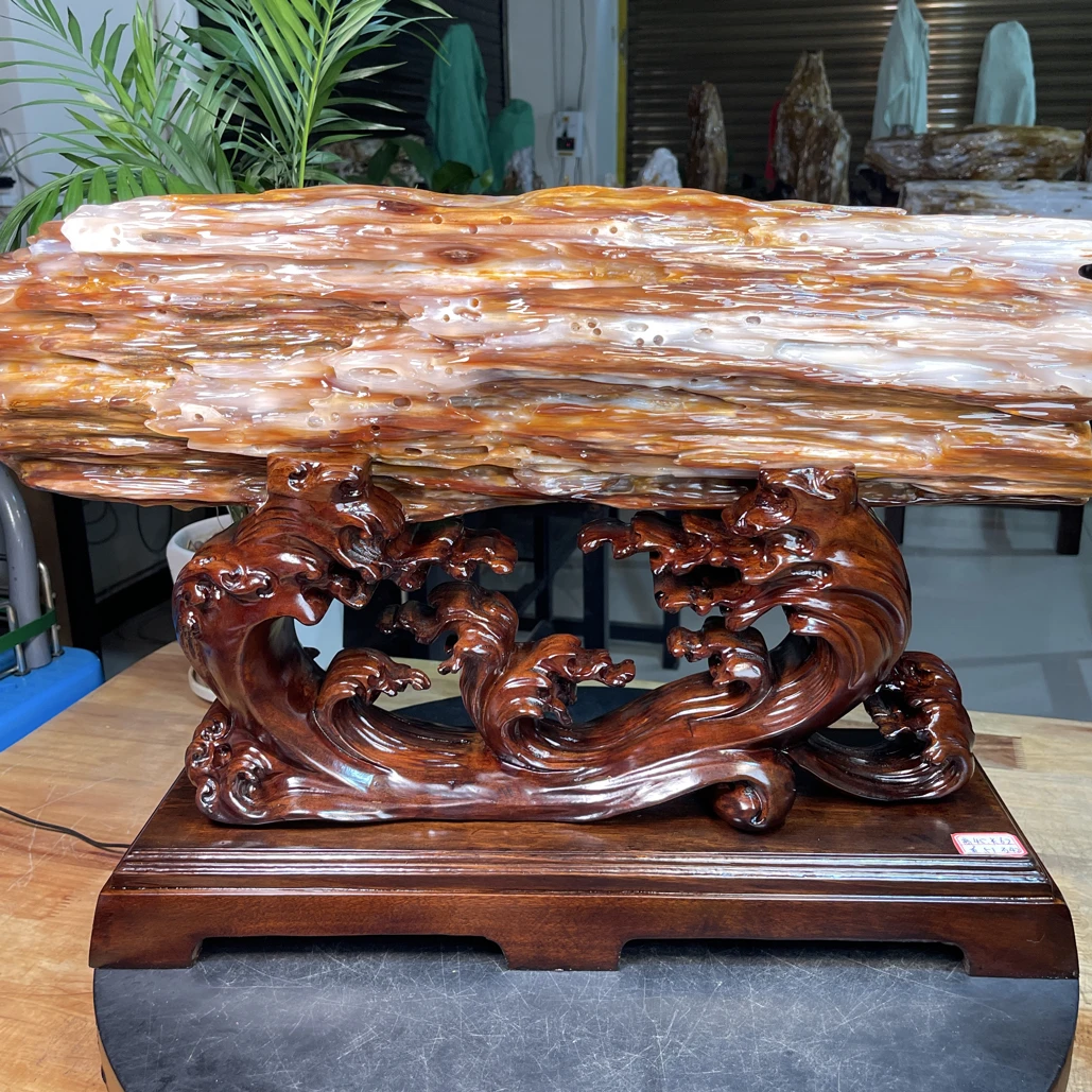 财运亨通缅甸树化玉横财摆件鸡血红色鸡油黄色缅甸树化石木化玉