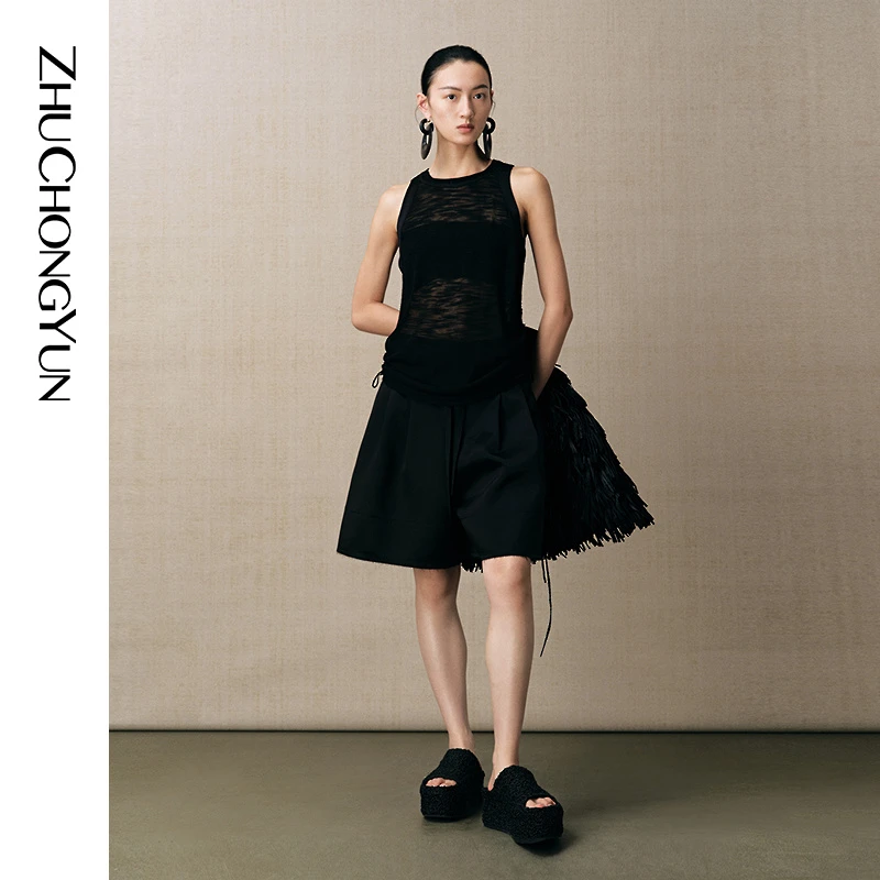 ZHUCHONGYUN2025夏新款绉缎可调节抽绳无袖针织背心上衣C1FZ2754M