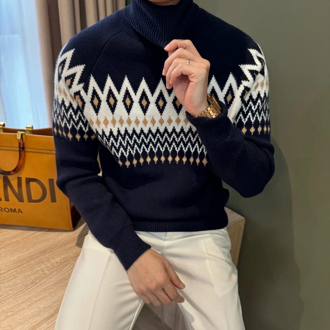 WUSHE物社【52支羊毛混纺】秋冬男士复古瓦霍图腾保暖高领针织毛衣