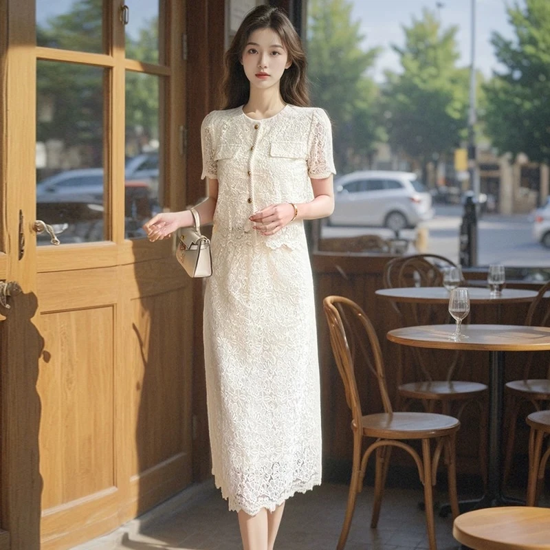 小香风套装女蕾丝刺绣上衣半身裙两件套夏季气质高级女装2025新款