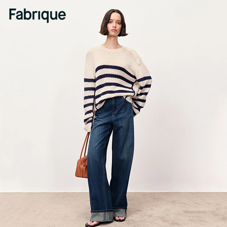 【达人专享】Fabrique博主同款秋冬海魂风条纹侧开牛角扣毛衣雅丹风