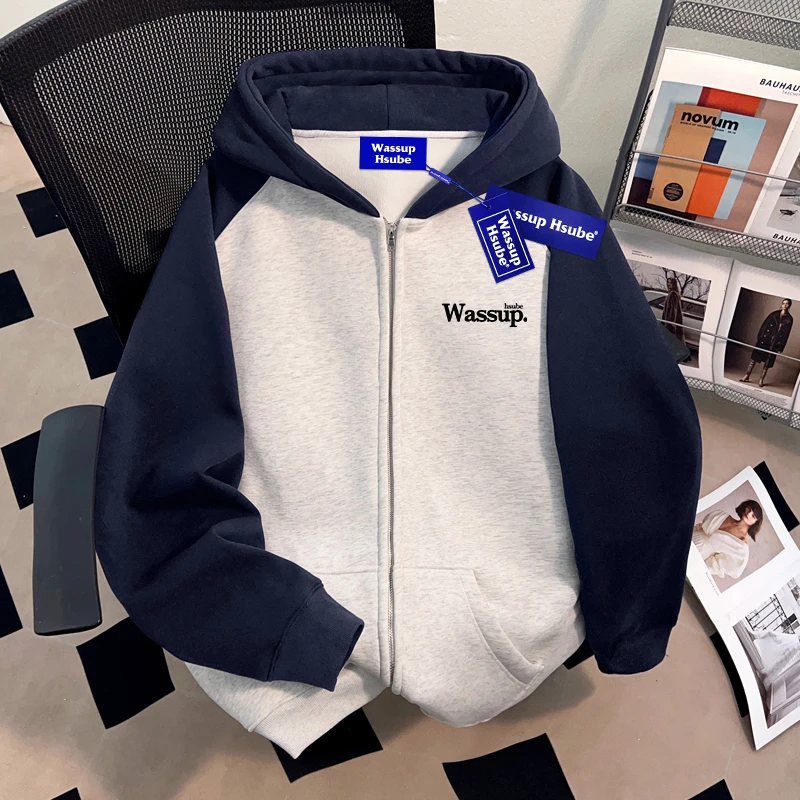 WASSUP HSUBE美式复古三条杠连帽开衫卫衣重磅潮牌宽松秋冬百搭款