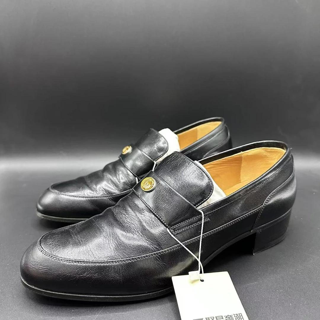 95新 GUCCI/古驰 男士黑色双G法郎扣乐福鞋43.5码 lb283