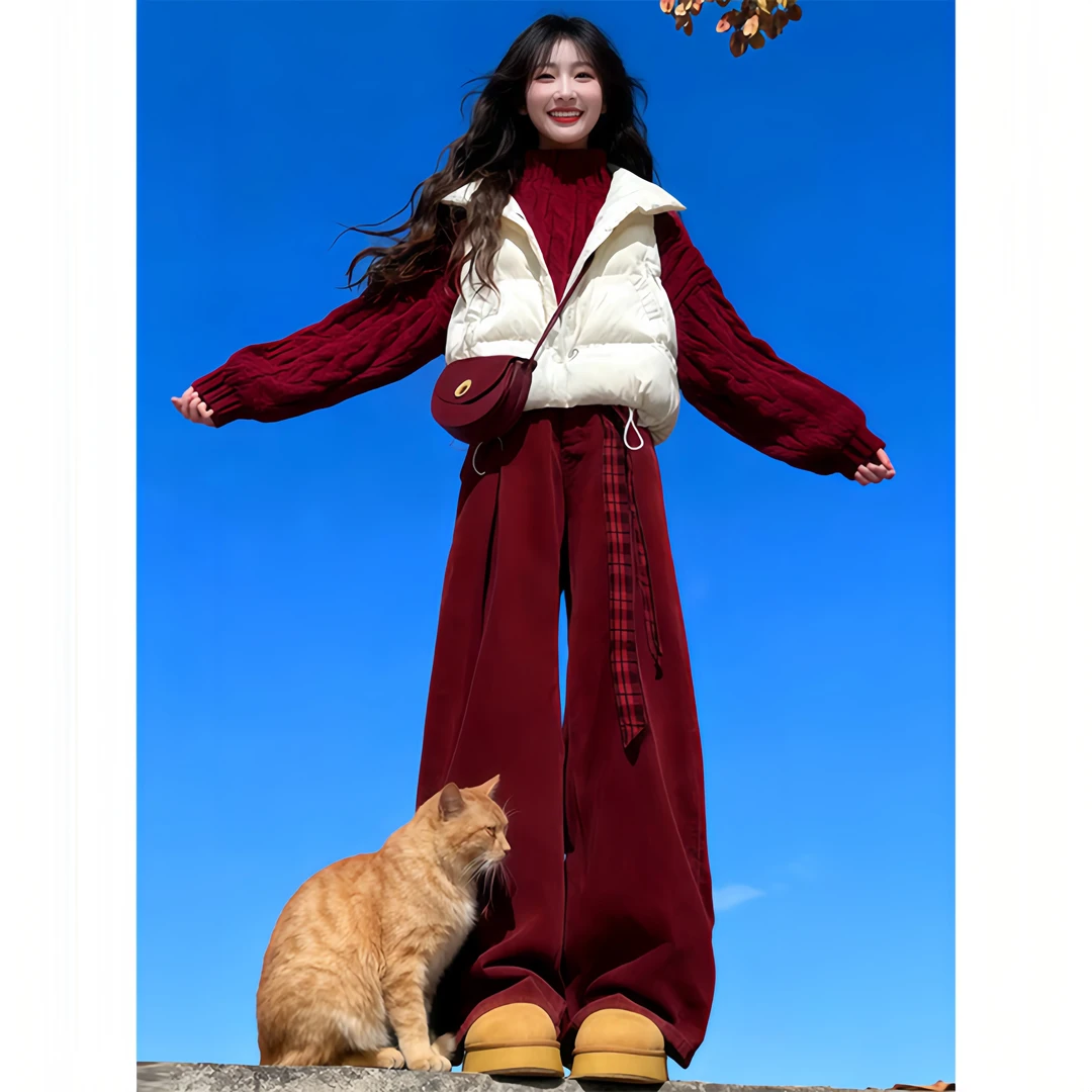 SHALLDOER【花辰夕月】新年战袍时尚套装女冬季棉服针织上衣阔腿裤