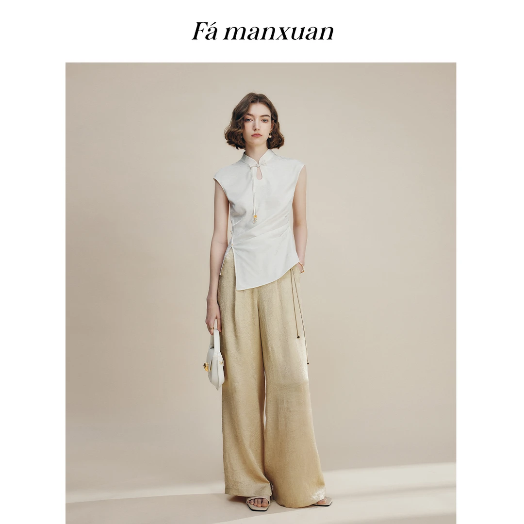 法曼萱新中式醋酸抓皱设计香槟色阔腿裤女2025年夏季新款通勤长裤