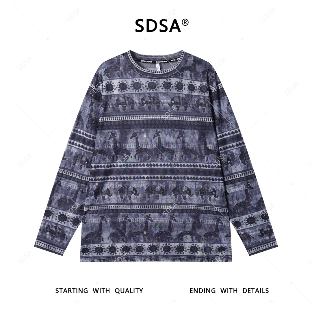 SDSA夏季新款男士痞帅潮牌动物图案设计圆领长袖T恤时尚百搭上衣