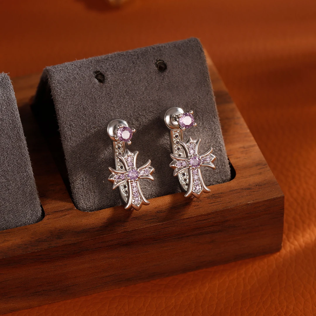 合金耳饰 X【5744】法式轻奢克克紫锆石耳钉气质耳饰女精致耳环