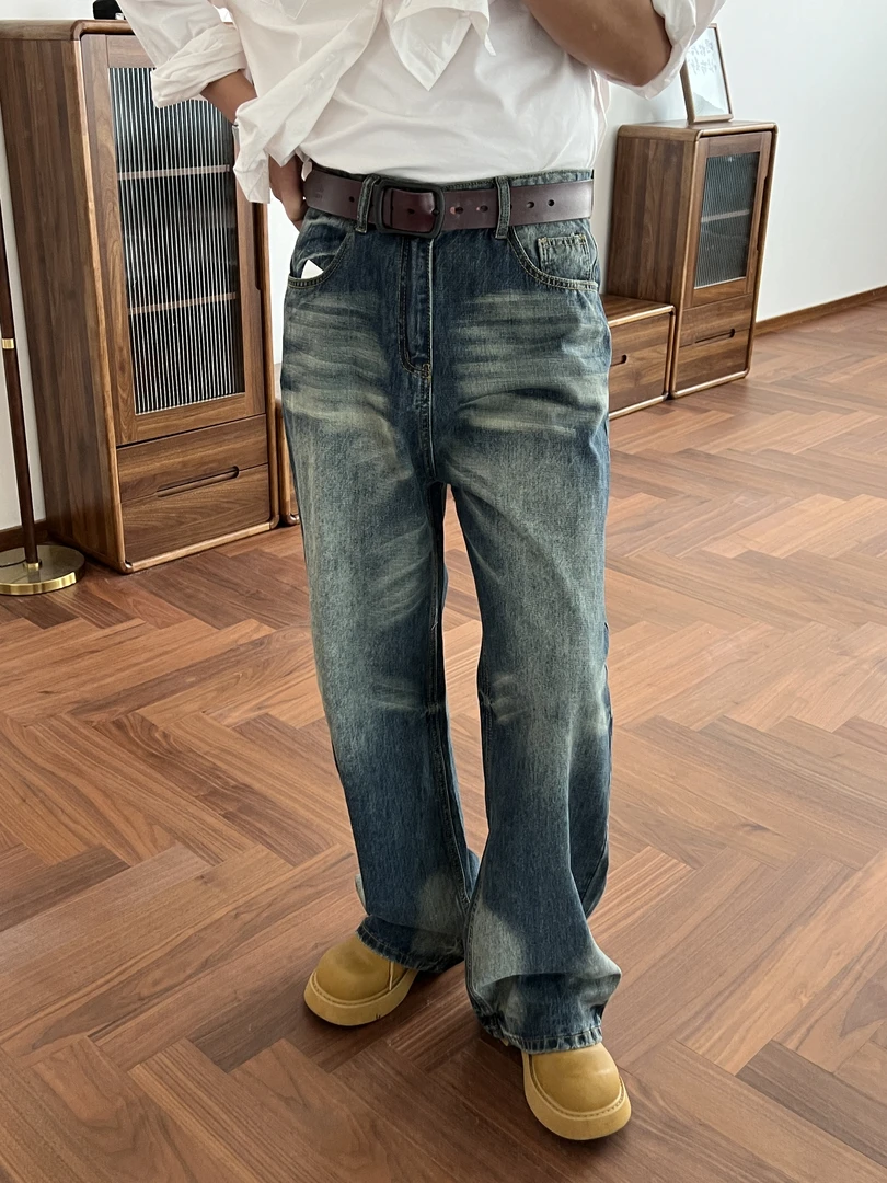 裤子男四季款中性风个性扎染水洗做旧美式复古直筒牛仔长裤男