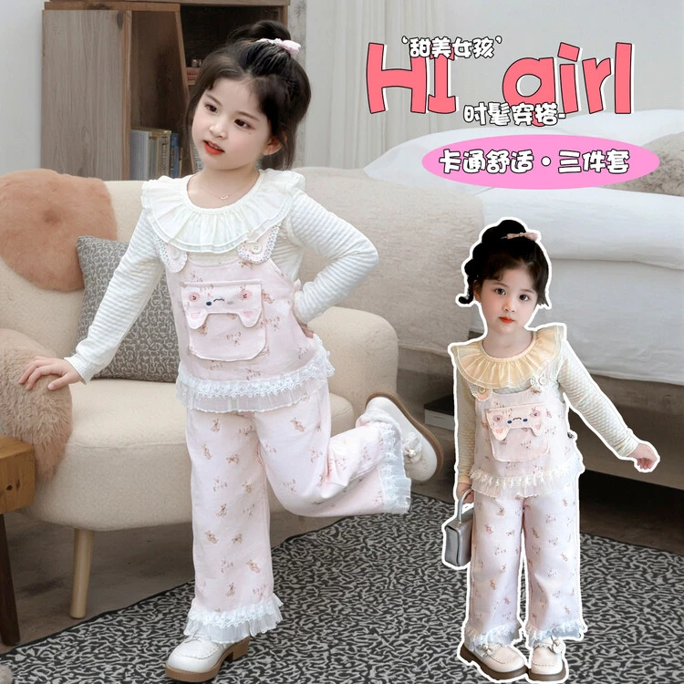 女童春秋款套装2025新款女宝宝洋气时髦秋装韩版甜美小香风三件套