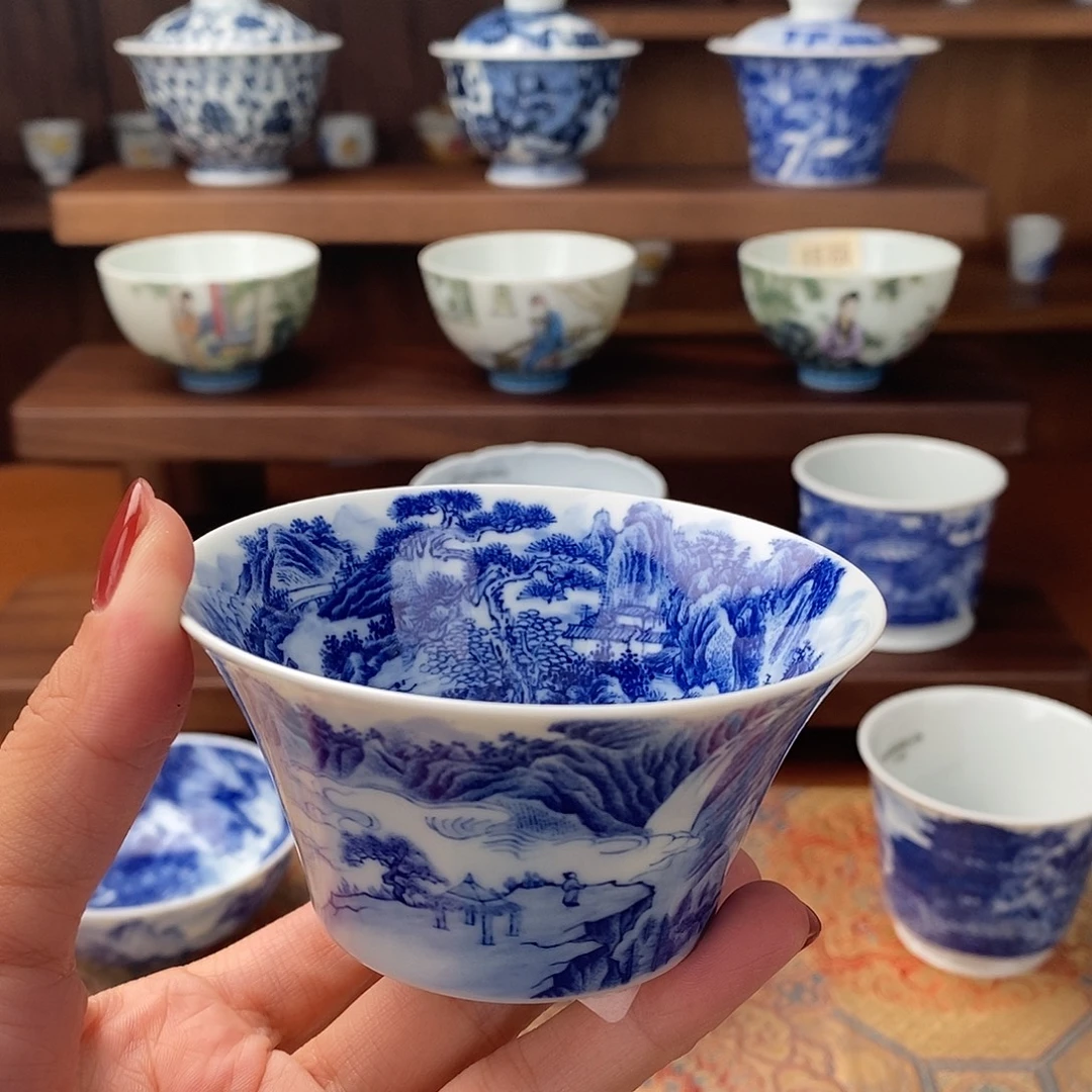 青花山水马蹄杯杯