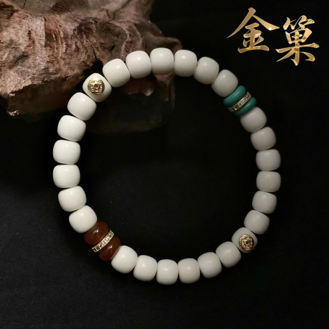 【淞涧霁虹】正宗海南白玉菩提8*7桶珠玛瑙高保色覆膜白玉菩提手串