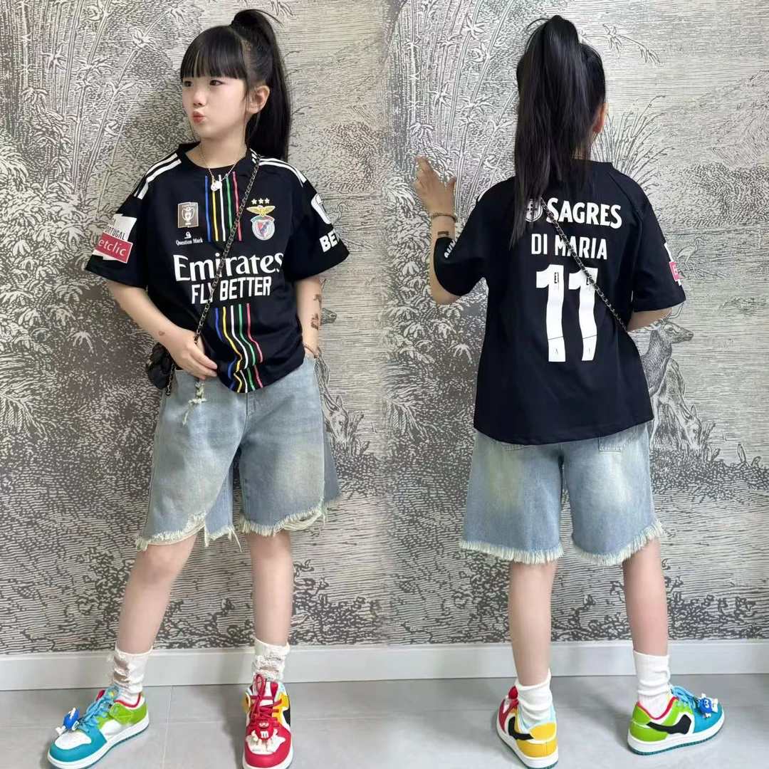 女童美式潮酷范儿短袖上衣卡其休闲裤子2025夏季潮酷