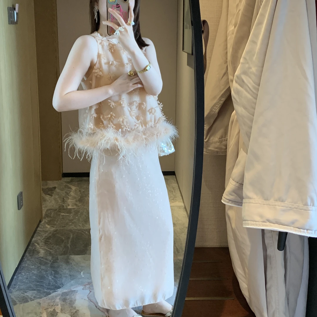 立体花上衣和直筒半身裙设计师时尚套装气质梦幻风气质女装
