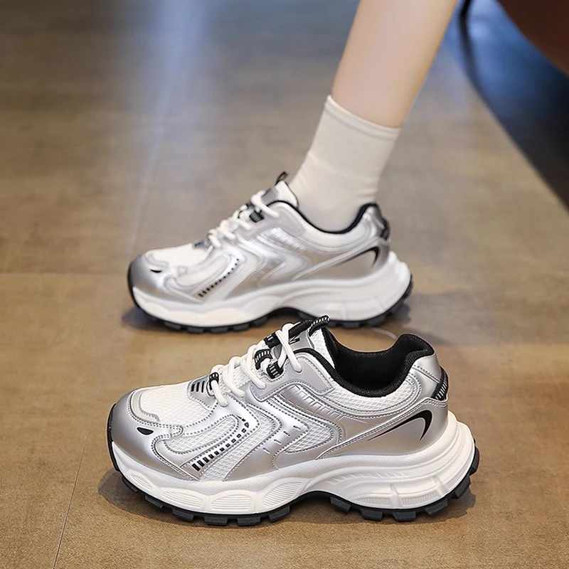 银色老爹鞋女款2025新款秋季厚底增高运动鞋小个子显瘦休闲跑步鞋