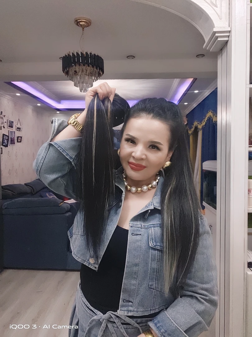 黑白条染色马尾假发 定制款50公分