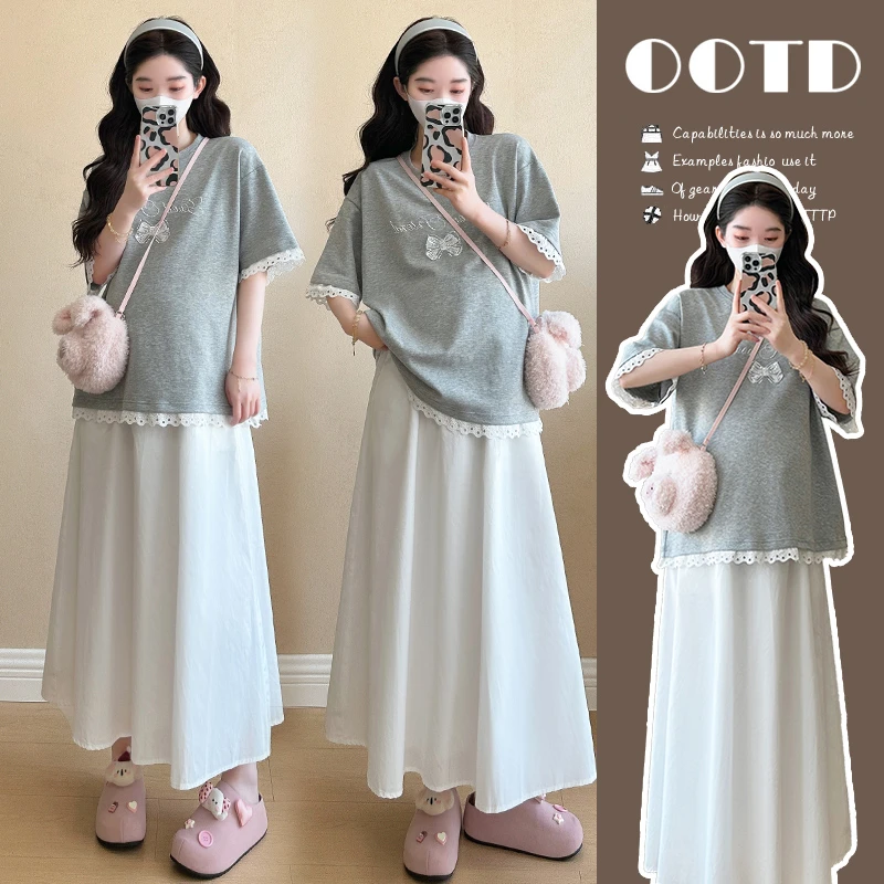 【嗒嗒】小个子2025夏季孕妇套装立体蝴蝶结拼接蕾丝花边T+托腹半裙