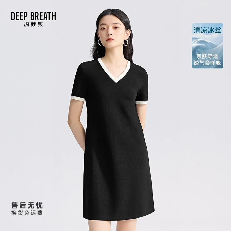 DEEP BREATH深呼吸女装简约V领拼色A型针织洋装短袖连衣裙A500495
