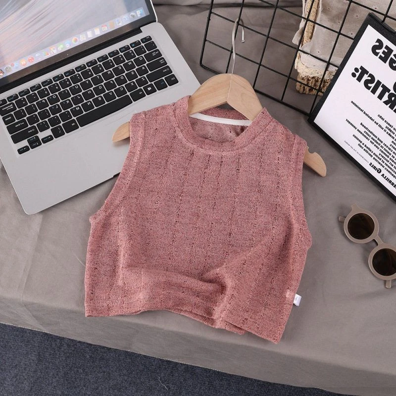 夏季新款韩版儿童透气镂空纯色针织无袖时髦背心薄款爆款防晒简约