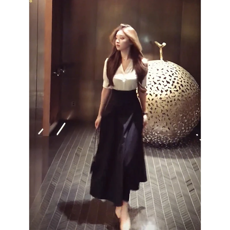 parkyeon秋季新款白色翻领长袖衬衫女高腰显瘦a字半身裙时尚套装