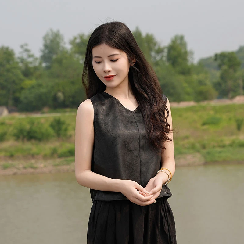 【墨玉马甲】桑蚕丝无袖马甲25姆米黑色香云纱日常透气夏季中国风
